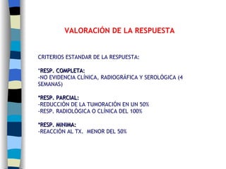 CRITERIOS ESTANDAR DE LA RESPUESTA: * RESP. COMPLETA:  -NO EVIDENCIA CLÍNICA, RADIOGRÁFICA Y SEROLÓGICA (4 SEMANAS) *RESP. PARCIAL: -REDUCCIÓN DE LA TUMORACIÓN EN UN 50% -RESP. RADIOLÓGICA O CLÍNICA DEL 100% *RESP. MINIMA: -REACCIÓN AL TX.  MENOR DEL 50% VALORACIÓN DE LA RESPUESTA 