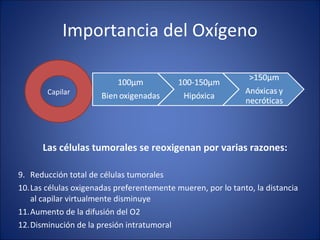 Importancia del Oxígeno Las células tumorales se reoxigenan por varias razones: Reducción total de células tumorales Las células oxigenadas preferentemente mueren, por lo tanto, la distancia al capilar virtualmente disminuye Aumento de la difusión del O2 Disminución de la presión intratumoral Capilar 