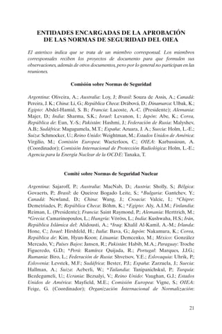 ENTIDADES ENCARGADAS DE LA APROBACIÓN
      DE LAS NORMAS DE SEGURIDAD DEL OIEA

El asterisco indica que se trata de un miembro corresponsal. Los miembros
corresponsales reciben los proyectos de documento para que formulen sus
observaciones, además de otros documentos, pero por lo general no participan en las
reuniones.

                     Comisión sobre Normas de Seguridad

Argentina: Oliveira, A.; Australia: Loy, J; Brasil: Souza de Assis, A.; Canadá:
Pereira, J. K.; China: Li, G.; República Checa: Drábová, D.; Dinamarca: Ulbak, K.;
Egipto: Abdel-Hamid, S. B.; Francia: Lacoste, A.-C. (Presidente); Alemania:
Majer, D.; India: Sharma, S.K.; Israel: Levanon, I.; Japón: Abe, K.; Corea,
República de: Eun, Y.-S.; Pakistán: Hashmi, J.; Federación de Rusia: Malyshev,
A.B.; Sudáfrica: Magugumela, M.T.; España: Azuara, J. A.; Suecia: Holm, L.-E.;
Suiza: Schmocker, U.; Reino Unido: Weightman, M.; Estados Unidos de América:
Virgilio, M.; Comisión Europea: Waeterloos, C.; OIEA: Karbassioun, A.
(Coordinador); Comisión Internacional de Protección Radiológica: Holm, L.-E.;
Agencia para la Energía Nuclear de la OCDE: Tanaka, T.


                  Comité sobre Normas de Seguridad Nuclear

Argentina: Sajaroff, P.; Australia: MacNab, D.; Austria: Sholly, S.; Bélgica:
Govaerts, P.; Brasil: de Queiroz Bogado Leite, S.; *Bulgaria: Gantchev, Y.;
Canadá: Newland, D.; China: Wang, J.; Croacia: Valcic, I.; *Chipre:
Demetriades, P.; República Checa: Böhm, K.; *Egipto: Aly, A.I.M.; Finlandia:
Reiman, L. (Presidente); Francia: Saint Raymond, P.; Alemania: Herttrich, M.;
*Grecia: Camarinopoulos, L.; Hungría: Vöröss, L.; India: Kushwaha, H.S.; Irán,
República Islámica del: Alidousti, A.; *Iraq: Khalil Al-Kamil, A.-M.; Irlanda:
Hone, C.; Israel: Hirshfeld, H.; Italia: Bava, G.; Japón: Nakamura, K.; Corea,
República de: Kim, Hyun-Koon; Lituania: Demcenko, M.; México: González
Mercado, V.; Países Bajos: Jansen, R.; Pakistán: Habib, M.A.; Paraguay: Troche
Figueredo, G.D.; *Perú: Ramírez Quijada, R.; Portugal: Marques, J.J.G.;
Rumania: Biro, L.; Federación de Rusia: Shvetsov, Y.E.; Eslovaquia: Uhrik, P.;
Eslovenia: Levstek, M.F.; Sudáfrica: Bester, P.J.; España: Zarzuela, J.; Suecia:
Hallman, A.; Suiza: Aeberli, W.; *Tailandia: Tanipanichskul, P.; Turquía:
Bezdegumeli, U.; Ucrania: Bezsalyi, V.; Reino Unido: Vaughan, G.J.; Estados
Unidos de América: Mayfield, M.E.; Comisión Europea: Vigne, S.; OIEA:
Feige, G. (Coordinador); Organización Internacional de Normalización:


                                                                                21
 