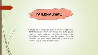 PATERNALISMO

Se enlaza con la imagen de padre o beneficiario principal
donde la actuación de un profesionista debe evitar que se
caiga en este problema haciendo al usuario un
dependiente, recordando que la persona tiene la
capacidad de poder tomar decisiones y verificar sus
recursos para así tomar la mejor decisión

 