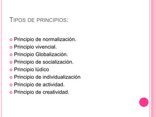 TIPOS DE PRINCIPIOS:

 Principio de normalización.
 Principio vivencial.

 Principio Globalización.

 Principio de socialización.

 Principio lúdico

 Principio de individualización

 Principio de actividad.

 Principio de creatividad.
 
