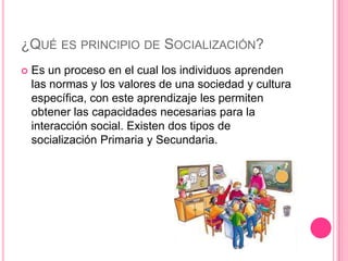 ¿QUÉ ES PRINCIPIO DE SOCIALIZACIÓN?
   Es un proceso en el cual los individuos aprenden
    las normas y los valores de una sociedad y cultura
    específica, con este aprendizaje les permiten
    obtener las capacidades necesarias para la
    interacción social. Existen dos tipos de
    socialización Primaria y Secundaria.
 