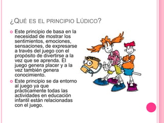 ¿QUÉ ES EL PRINCIPIO LÚDICO?
   Este principio de basa en la
    necesidad de mostrar los
    sentimientos, emociones,
    sensaciones, de expresarse
    a través del juego con el
    propósito de divertirse a la
    vez que se aprenda. El
    juego genera placer y a la
    vez también genera
    conocimiento.
   Este principio se da entorno
    al juego ya que
    prácticamente todas las
    actividades en educación
    infantil están relacionadas
    con el juego.
 