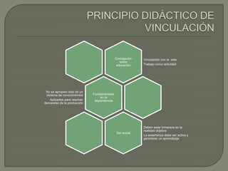Concepción
sobre
educación
Vinculación con la vida
Trabajo como actividad
Fundamentada
en la
dependencia
No se apropien solo de un
sistema de conocimientos
Aplicarlos para resolver
demandas de la producción
Ser social
Deben estar inmersos en la
realidad objetiva
La enseñanza debe ser activa y
garantizar un aprendizaje