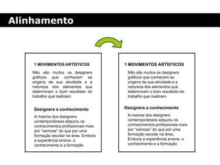 Alinhamento
1 MOVIMENTOS ARTÍSTICOS
Não são muitos os designers
gráficos que conhecem as
origens de sua atividade e a
natureza dos elementos que
determinam o bom resultado do
trabalho que realizam.
A maioria dos designers
contemporâneos adquiriu os
conhecimentos profissionais mais
por “osmose” do que por uma
formação escolar na área. Embora
a experiência ensine, o
conhecimento e a formação
Designers e conhecimento
1 MOVIMENTOS ARTÍSTICOS
Não são muitos os designers
gráficos que conhecem as
origens de sua atividade e a
natureza dos elementos que
determinam o bom resultado do
trabalho que realizam.
A maioria dos designers
contemporâneos adquiriu os
conhecimentos profissionais mais
por “osmose” do que por uma
formação escolar na área.
Embora a experiência ensine, o
conhecimento e a formação
Designers e conhecimento
 