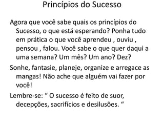 Agora que você sabe quais os princípios do
Sucesso, o que está esperando? Ponha tudo
em prática o que você aprendeu , ouviu ,
pensou , falou. Você sabe o que quer daqui a
uma semana? Um mês? Um ano? Dez?
Sonhe, fantasie, planeje, organize e arregace as
mangas! Não ache que alguém vai fazer por
você!
Lembre-se: “ O sucesso é feito de suor,
decepções, sacrifícios e desilusões. “
Princípios do Sucesso
 