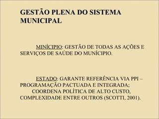 GESTÃO PLENA DO SISTEMAGESTÃO PLENA DO SISTEMA
MUNICIPALMUNICIPAL
MINÍCIPIO: GESTÃO DE TODAS AS AÇÕES E
SERVIÇOS DE SAÚDE DO MUNÍCIPIO.
ESTADO: GARANTE REFERÊNCIA VIA PPI –
PROGRAMAÇÃO PACTUADA E INTEGRADA;
COORDENA POLÍTICA DE ALTO CUSTO,
COMPLEXIDADE ENTRE OUTROS (SCOTTI, 2001).
 
