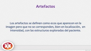 Artefactos
Los artefactos se definen como ecos que aparecen en la
imagen pero que no se corresponden, bien en localización, en
intensidad, con las estructuras exploradas del paciente.
 