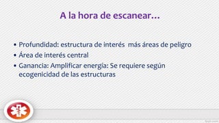 A la hora de escanear…
• Profundidad: estructura de interés más áreas de peligro
• Área de interés central
• Ganancia: Amplificar energía: Se requiere según
ecogenicidad de las estructuras
 