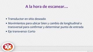 A la hora de escanear…
• Transductor en sitio deseado
• Movimientos para ubicar bien y cambio de longitudinal a
transversal para confirmar y determinar punto de entrada
• Eje transverso: Corto
 