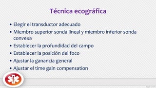 Técnica ecográfica
• Elegir el transductor adecuado
• Miembro superior sonda lineal y miembro inferior sonda
convexa
• Establecer la profundidad del campo
• Establecer la posición del foco
• Ajustar la ganancia general
• Ajustar el time gain compensation
 