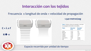 Interacción con los tejidos
Frecuencia x longitud de onda = velocidad de propagación
Espacio recorrido por unidad de tiempo
C =  x f
K 
1.540 metrosseg
 