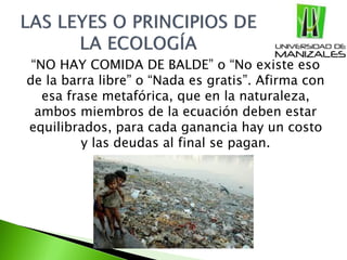 “NO HAY COMIDA DE BALDE” o “No existe eso
de la barra libre” o “Nada es gratis”. Afirma con
esa frase metafórica, que en la naturaleza,
ambos miembros de la ecuación deben estar
equilibrados, para cada ganancia hay un costo
y las deudas al final se pagan.
 
