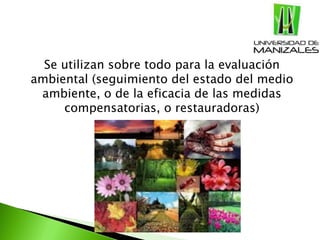 Se utilizan sobre todo para la evaluación
ambiental (seguimiento del estado del medio
ambiente, o de la eficacia de las medidas
compensatorias, o restauradoras)
 