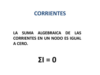 CORRIENTES
I1 – I2 + I3 – I4 – I5 = 0
I1
I2
I3
I4
I5
 