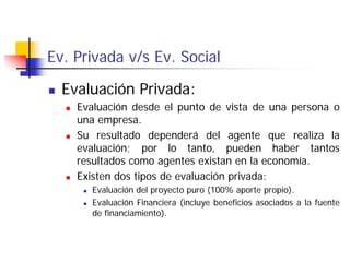 Ev. Privada v/s Ev. Social
Evaluación Privada:
Evaluación desde el punto de vista de una persona o
una empresa.
Su resulta...