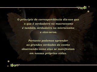 O principio de correspondência diz-nos que
o que é verdadeiro no macrocosmo
é também verdadeiro no microcosmo
e vice-versa.
Portanto podemos aprender
as grandes verdades do cosmo
observando como elas se manifestam
em nossas próprias vidas.
 
