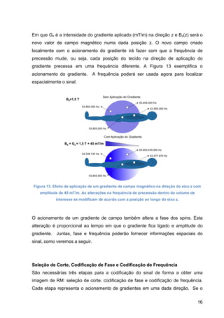 16
Em que Gz é a intensidade do gradiente aplicado (mT/m) na direção z e Bz(z) será o
novo valor de campo magnético numa dada posição z. O novo campo criado
localmente com o acionamento do gradiente irá fazer com que a frequência de
precessão mude, ou seja, cada posição do tecido na direção de aplicação do
gradiente precessa em uma frequência diferente. A Figura 13 exemplifica o
acionamento do gradiente. A frequência poderá ser usada agora para localizar
espacialmente o sinal.
Figura 13. Efeito de aplicação de um gradiente de campo magnético na direção do eixo z com
amplitude de 45 mT/m. As alterações na frequência de precessão dentro do volume de
interesse se modificam de acordo com a posição ao longo do eixo z.
O acionamento de um gradiente de campo também altera a fase dos spins. Esta
alteração é proporcional ao tempo em que o gradiente fica ligado e amplitude do
gradiente. Juntas, fase e frequência poderão fornecer informações espaciais do
sinal, como veremos a seguir.
Seleção de Corte, Codificação de Fase e Codificação de Frequência
São necessárias três etapas para a codificação do sinal de forma a obter uma
imagem de RM: seleção de corte, codificação de fase e codificação de frequência.
Cada etapa representa o acionamento de gradientes em uma dada direção. Se o
 