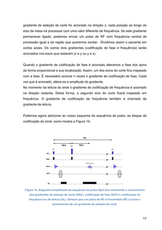 17
gradiente de seleção de corte for acionado na direção z, cada posição ao longo do
eixo da mesa irá precessar com uma valor diferente de frequência. Se este gradiente
permanecer ligado, podemos enviar um pulso de RF com frequência central de
precessão igual a da região que queremos excitar. Dividimos assim o paciente em
cortes axiais. Os outros dois gradientes (codificação de fase e frequência) serão
acionados nos eixos que restaram (x e y ou y e x).
Quando o gradiente de codificação de fase é acionado alteramos a fase dos spins
de forma proporcional a sua localização. Assim, um dos eixos do corte fica mapeado
com a fase. É necessário acionar n vezes o gradiente de codificação de fase. Cada
vez que é acionado, altera-se a amplitude do gradiente.
No momento da leitura do sinal o gradiente de codificação de frequência é acionado
na direção restante. Desta forma, o segundo eixo do corte ficará mapeado em
frequência. O gradiente de codificação de frequência também é chamado de
gradiente de leitura.
Podemos agora adicionar ao nosso esquema da sequência de pulso, as etapas de
codificação do sinal, como mostra a Figura 14.
Figura 14. Diagrama simplificado da sequência de pulso Spin Eco mostrando o acionamento
dos gradientes de seleção de corte (GSC), codificação de fase (GCF) e codificação de
frequência ou de leitura (GL). Sempre que um pulso de RF é transmitido (RFt) ocorre o
acionamento de um gradiente de seleção de corte.
 