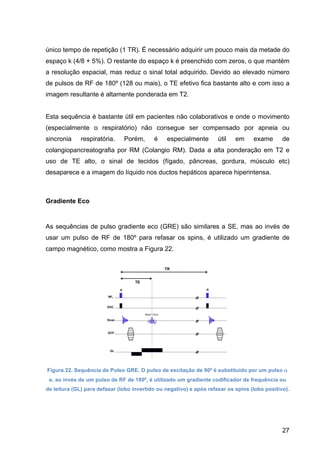 27
único tempo de repetição (1 TR). É necessário adquirir um pouco mais da metade do
espaço k (4/8 + 5%). O restante do espaço k é preenchido com zeros, o que mantém
a resolução espacial, mas reduz o sinal total adquirido. Devido ao elevado número
de pulsos de RF de 180º (128 ou mais), o TE efetivo fica bastante alto e com isso a
imagem resultante é altamente ponderada em T2.
Esta sequência é bastante útil em pacientes não colaborativos e onde o movimento
(especialmente o respiratório) não consegue ser compensado por apneia ou
sincronia respiratória. Porém, é especialmente útil em exame de
colangiopancreatografia por RM (Colangio RM). Dada a alta ponderação em T2 e
uso de TE alto, o sinal de tecidos (fígado, pâncreas, gordura, músculo etc)
desaparece e a imagem do líquido nos ductos hepáticos aparece hiperintensa.
Gradiente Eco
As sequências de pulso gradiente eco (GRE) são similares a SE, mas ao invés de
usar um pulso de RF de 180º para refasar os spins, é utilizado um gradiente de
campo magnético, como mostra a Figura 22.
Figura 22. Sequência de Pulso GRE. O pulso de excitação de 90º é substituído por um pulso α
e, ao invés de um pulso de RF de 180º, é utilizado um gradiente codificador de frequência ou
de leitura (GL) para defasar (lobo invertido ou negativo) e após refasar os spins (lobo positivo).
 