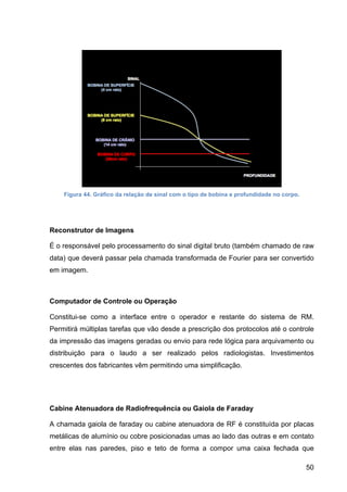 50
Figura 44. Gráfico da relação de sinal com o tipo de bobina e profundidade no corpo.
Reconstrutor de Imagens
É o responsável pelo processamento do sinal digital bruto (também chamado de raw
data) que deverá passar pela chamada transformada de Fourier para ser convertido
em imagem.
Computador de Controle ou Operação
Constitui-se como a interface entre o operador e restante do sistema de RM.
Permitirá múltiplas tarefas que vão desde a prescrição dos protocolos até o controle
da impressão das imagens geradas ou envio para rede lógica para arquivamento ou
distribuição para o laudo a ser realizado pelos radiologistas. Investimentos
crescentes dos fabricantes vêm permitindo uma simplificação.
Cabine Atenuadora de Radiofrequência ou Gaiola de Faraday
A chamada gaiola de faraday ou cabine atenuadora de RF é constituída por placas
metálicas de alumínio ou cobre posicionadas umas ao lado das outras e em contato
entre elas nas paredes, piso e teto de forma a compor uma caixa fechada que
 