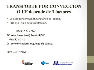 TRANSPORTE POR CONVECCION
O UF depende de 3 factores
• Cs es la concentración sanguínea del soluto.
• FUF es el flujo de ultrafiltración,
UF=Sc * Cs ×*Fuf.
SC: relacion entre () Soluto P/Uf.
(Na, K, ur) =1
Cs: concentracion sanguinea de soluto.
Fuf= QUF * PTM
 