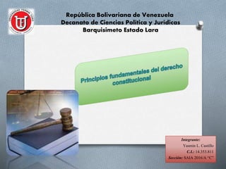 República Bolivariana de Venezuela
Decanato de Ciencias Política y Jurídicas
Barquisimeto Estado Lara
Integrante:
Yasmin L. Castillo
C.I.: 14.353.811
Sección: SAIA 2016/A “C”
 