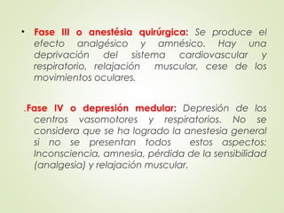 • Fase III o anestésia quirúrgica: Se produce el
efecto analgésico y amnésico. Hay una
deprivación del sistema cardiovascular y
respiratorio, relajación muscular, cese de los
movimientos oculares.
 
 .Fase IV o depresión medular: Depresión de los
centros vasomotores y respiratorios. No se
considera que se ha logrado la anestesia general
si no se presentan todos estos aspectos:
Inconsciencia, amnesia, pérdida de la sensibilidad
(analgesia) y relajación muscular.
 
