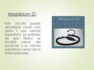 Mapleson D:
Este circuito puede
describirse como una
pieza T con válvula
espiratoria. La entrada
de gas fresco se
localiza cerca del
paciente y la válvula
espiratoria cerca de la
bolsa reservorio.
 