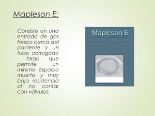 Mapleson E:
Consiste en una
entrada de gas
fresco cerca del
paciente y un
tubo corrugado
largo que
permite un
mínimo espacio
muerto y muy
baja resistencia
al no contar
con válvulas.
 
