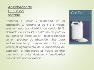 Absorbedor de
CO2 o cal
sodada
Conserva el calor y humedad en la
respiración, su tamaño es de 4 a 8 micras,
está formada por hidróxido de calcio 80 %,
hidróxido de sodio 4% y hidróxido de potasio
1%, contiene agua de 14 – 18 ml % esencial
en el proceso de absorción, sílice para
endurecimiento y cambia de color para
indicar el agotamiento de la capacidad de
absorción el más usado es violeta de etilo
que toma el color violáceo y fenolftaleína
que cambia al color rosado.
 