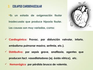 3. COLAPSO CARDIOVASCULAR
Es un estado de oxigenación tisular
inadecuada que produce hipoxia tisular.
Las causas son muy variadas, como:
 Cardiogénico: Provoc. por disfunción valvular, infarto,
embolismo pulmonar masivo, arritmia, etc.).
 Distributivo: por sepsis grave, anafilaxia, agentes que
producen fact. vasodilatadores (ej. óxido nítrico), etc.
 Hemorrágico: por pérdida brusca de volemia.
 