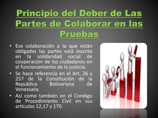 Principio del Deber de Las
Partes de Colaborar en las
Pruebas
• Esa colaboración a la que están
obligadas las partes está inscrita
en la solidaridad social de
cooperación de los ciudadanos en
el funcionamiento de la justicia.
• Se hace referencia en el Art. 26 y
257 de la Constitución de la
Republica Bolivariana de
Venezuela.
• Así como también en el Condigo
de Procedimiento Civil en sus
artículos 12,17 y 170.
 