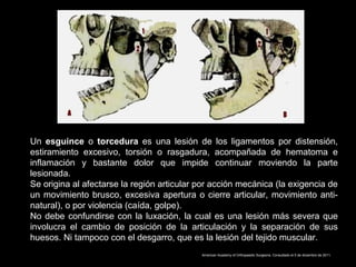 Un esguince o torcedura es una lesión de los ligamentos por distensión,
estiramiento excesivo, torsión o rasgadura, acompañada de hematoma e
inflamación y bastante dolor que impide continuar moviendo la parte
lesionada.
Se origina al afectarse la región articular por acción mecánica (la exigencia de
un movimiento brusco, excesiva apertura o cierre articular, movimiento anti-
natural), o por violencia (caída, golpe).
No debe confundirse con la luxación, la cual es una lesión más severa que
involucra el cambio de posición de la articulación y la separación de sus
huesos. Ni tampoco con el desgarro, que es la lesión del tejido muscular.
American Academy of Orthopaedic Surgeons. Consultado el 5 de diciembre de 2011.
 