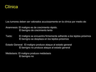 Clínica
Los tumores deben ser valorados acuciosamente en la clínica por medio de:
Anamnesis: El maligno es de crecimiento rápido.
El benigno de crecimiento lento
Tacto: El maligno se encuentra firmemente adherido a los tejidos próximos
El benigno se desplaza en los tejidos próximos
Estado General: El maligno produce ataque al estado general
El benigno no produce ataque al estado general
Metástasis: El maligno produce metástasis
El benigno no
 