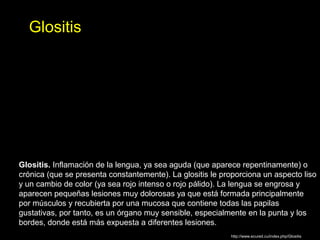Glositis
Glositis. Inflamación de la lengua, ya sea aguda (que aparece repentinamente) o
crónica (que se presenta constantemente). La glositis le proporciona un aspecto liso
y un cambio de color (ya sea rojo intenso o rojo pálido). La lengua se engrosa y
aparecen pequeñas lesiones muy dolorosas ya que está formada principalmente
por músculos y recubierta por una mucosa que contiene todas las papilas
gustativas, por tanto, es un órgano muy sensible, especialmente en la punta y los
bordes, donde está más expuesta a diferentes lesiones.
http://www.ecured.cu/index.php/Glositis
 