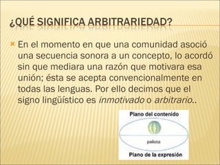 En el momento en que una comunidad asoció una secuencia sonora a un concepto, lo acordó sin que mediara una razón que motivara esa unión; ésta se acepta convencionalmente en todas las lenguas. Por ello decimos que el signo lingüístico es  inmotivado  o  arbitrario .. 