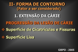 II- FORMA DE CONTORNO      (Fator a ser considerado) 1. EXTENSÃO DA CÁRIE  PROGRESSÃO DA LESÃO DE CÁRIE Superfície de Cicatrículas e Fissuras