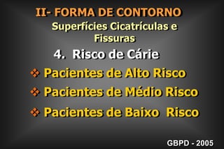 II- FORMA DE CONTORNO        Superfícies Lisas      (Fator a ser considerado)2. EXTENSÃO  PREVENTIVA Para Gengival   - Idade do Paciente  - Material Restaurador Para Vestibular e Lingual GBPD - 2005