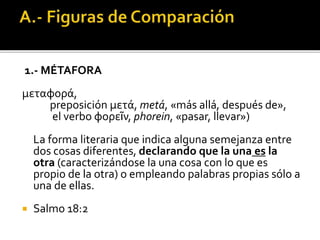 1.- MÉTAFORA
μεταφορά,
preposición μετά, metá, «más allá, después de»,
el verbo φορεῖν, phorein, «pasar, llevar»)
La forma literaria que indica alguna semejanza entre
dos cosas diferentes, declarando que la una es la
otra (caracterizándose la una cosa con lo que es
propio de la otra) o empleando palabras propias sólo a
una de ellas.
 Salmo 18:2
 