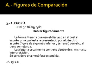 3.- ALEGORÍA
▪ Del gr. ἀλληγορία
Hablar figuradamente
La forma literaria que usa el discurso en el cual el
asunto principal esta representado por algún otro
asunto (figura de algo más inferior y terrenal) con el cual
tiene semejanza.
La alegoría usualmente contiene dentro de sí misma su
interpretación.
Se considera una metáfora extendida.
Jn. 15:1-8
 