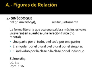 1.- SINÉCDOQUE
del gr. συνεκδοχή, recibir juntamente
La forma literaria que usa una palabra más inclusiva (o
viceversa) en cuanto a una relación física (no
mental),
 Una parte por el todo, o el todo por una parte;
 El singular por el plural o el plural por el singular;
 El individuo por la clase o la clase por el individuo.
Salmo 16:9
Lc. 2:1
Rom. 1:16
 