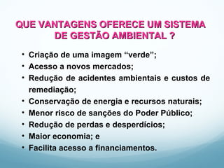 QUE VANTAGENS OFERECE UM SISTEMAQUE VANTAGENS OFERECE UM SISTEMA
DE GESTÃO AMBIENTAL ?DE GESTÃO AMBIENTAL ?
• Criação de uma imagem “verde”;
• Acesso a novos mercados;
• Redução de acidentes ambientais e custos de
remediação;
• Conservação de energia e recursos naturais;
• Menor risco de sanções do Poder Público;
• Redução de perdas e desperdícios;
• Maior economia; e
• Facilita acesso a financiamentos.
 