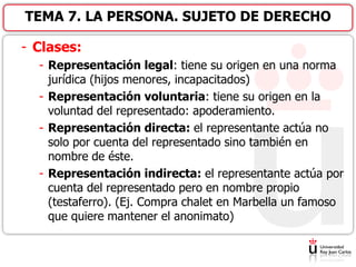 - Clases:
- Representación legal: tiene su origen en una norma
jurídica (hijos menores, incapacitados)
- Representación voluntaria: tiene su origen en la
voluntad del representado: apoderamiento.
- Representación directa: el representante actúa no
solo por cuenta del representado sino también en
nombre de éste.
- Representación indirecta: el representante actúa por
cuenta del representado pero en nombre propio
(testaferro). (Ej. Compra chalet en Marbella un famoso
que quiere mantener el anonimato)
TEMA 7. LA PERSONA. SUJETO DE DERECHO
 