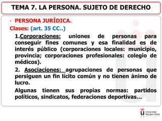 - PERSONA JURÍDICA.
Clases: (art. 35 CC..)
1.Corporaciones: uniones de personas para
conseguir fines comunes y esa finalidad es de
interés público (corporaciones locales: municipio,
provincia; corporaciones profesionales: colegio de
médicos).
2. Asociaciones: agrupaciones de personas que
persiguen un fin lícito común y no tienen ánimo de
lucro.
Algunas tienen sus propias normas: partidos
políticos, sindicatos, federaciones deportivas…
TEMA 7. LA PERSONA. SUJETO DE DERECHO
 