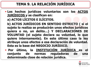  Los hechos jurídicos voluntarios son los ACTOS
JURÍDICOS y se clasifican en:
a) ACTOS LÍCITOS E ILÍCITOS.
b) ACTOS JURÍDICOS EN SENTIDO ESTRICTO ( si el
sujeto lo realiza se producirán unos efectos jurídicos
quiera o no, un delito…) Y DECLARACIONES DE
VOLUNTAD (el sujeto declara su voluntad, lo que
quiere internamente). En este último caso la ley
atribuye unos efectos a esa declaración de voluntad.
Esta es la base del NEGOCIO JURÍDICO.
 Por último, la INSTITUCIÓN JURÍDICA es el
conjunto de normas reguladoras de una
determinada clase de relación jurídica.
TEMA 9. LA RELACIÓN JURÍDICA
 