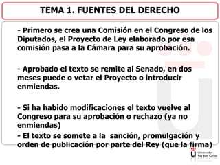 - Primero se crea una Comisión en el Congreso de los
Diputados, el Proyecto de Ley elaborado por esa
comisión pasa a la Cámara para su aprobación.
- Aprobado el texto se remite al Senado, en dos
meses puede o vetar el Proyecto o introducir
enmiendas.
- Si ha habido modificaciones el texto vuelve al
Congreso para su aprobación o rechazo (ya no
enmiendas)
- El texto se somete a la sanción, promulgación y
orden de publicación por parte del Rey (que la firma)
TEMA 1. FUENTES DEL DERECHO
 