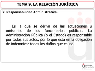 2. Responsabilidad Administrativa.
Es la que se deriva de las actuaciones u
omisiones de los funcionarios públicos. La
Administración Pública (o el Estado) es responsable
por todos sus actos, por lo que está en la obligación
de indemnizar todos los daños que cause.
TEMA 9. LA RELACIÓN JURÍDICA
 