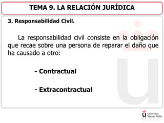 3. Responsabilidad Civil.
La responsabilidad civil consiste en la obligación
que recae sobre una persona de reparar el daño que
ha causado a otro:
- Contractual
- Extracontractual
TEMA 9. LA RELACIÓN JURÍDICA
 