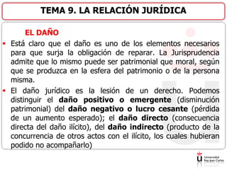 EL DAÑO
 Está claro que el daño es uno de los elementos necesarios
para que surja la obligación de reparar. La Jurisprudencia
admite que lo mismo puede ser patrimonial que moral, según
que se produzca en la esfera del patrimonio o de la persona
misma.
 El daño jurídico es la lesión de un derecho. Podemos
distinguir el daño positivo o emergente (disminución
patrimonial) del daño negativo o lucro cesante (pérdida
de un aumento esperado); el daño directo (consecuencia
directa del daño ilícito), del daño indirecto (producto de la
concurrencia de otros actos con el ilícito, los cuales hubieran
podido no acompañarlo)
TEMA 9. LA RELACIÓN JURÍDICA
 